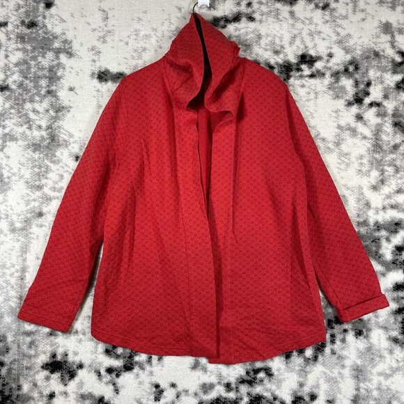 J Jill Open Cardigan Hoodie Womens Size Large‎ Red Geometric Cotton Lined Casual - Picture 1 of 10